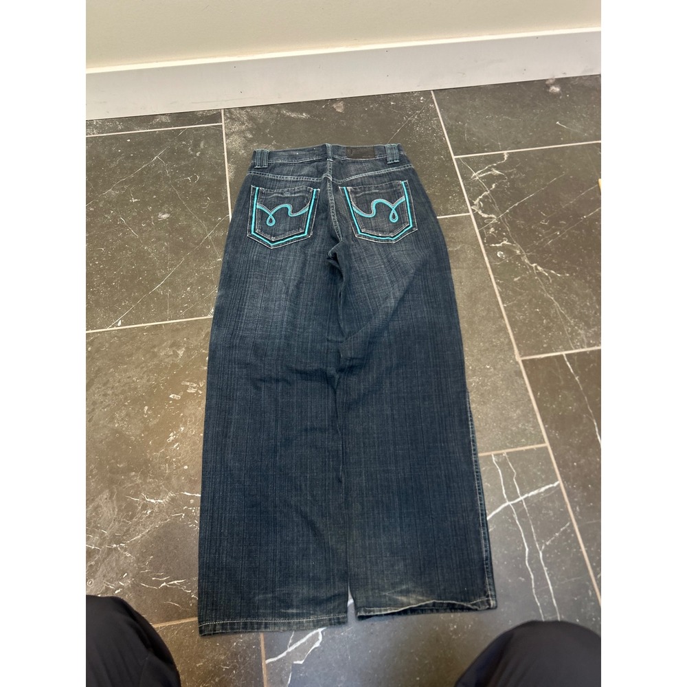 Basic Code Mens Baggy Wide Leg Jeans Dark Wash Y2K Skater Turquoise W32 L34
